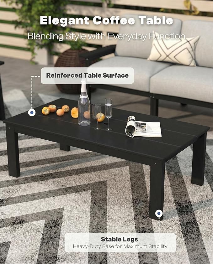 Patio Furniture Set 7 Seats, HDPE Outdoor Sectional with Gray Washable Thick Cushions, Coffee Table, Patio Conversation Sets for Lawn, Garden, Porch, Balcony, Deck (Black Frame)