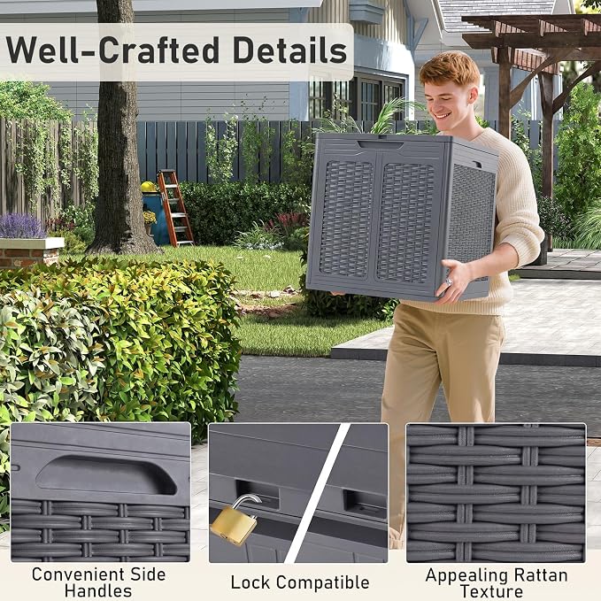 Giantex 39 Gallon Outdoor Storage Box, PP Deck Container with Rattan Patterns & Lockable Lid, Patio Plastic Storage Bin for Package Delivery, Garden Tools, Patio Cushions