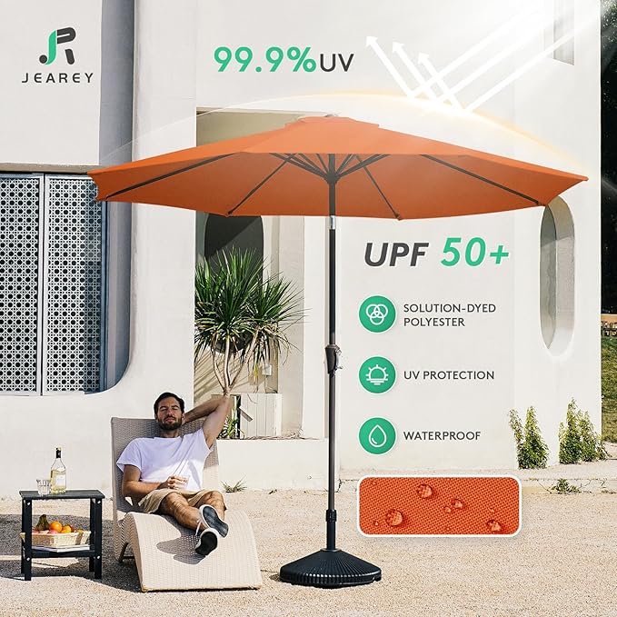 JEAREY 10FT Outdoor Patio Umbrella Outdoor Table Umbrella with Push Button Tilt and Crank, Market Umbrella 8 Sturdy Ribs UV Protection Waterproof for Pool, Garden (Orange)