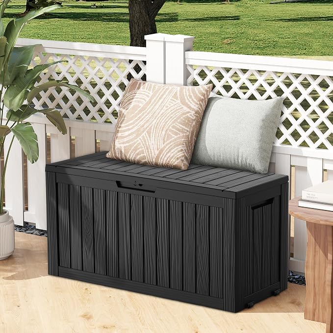 Outdoor Storage Box, 75 Gallon Waterproof Deck Boxes, Resin, Lockable Pool Deck Box for Garden Tools, Patio,Pool Accessories, Cushions, Large Delivery Boxes with Handle，Weatherproof & UV-Resistant