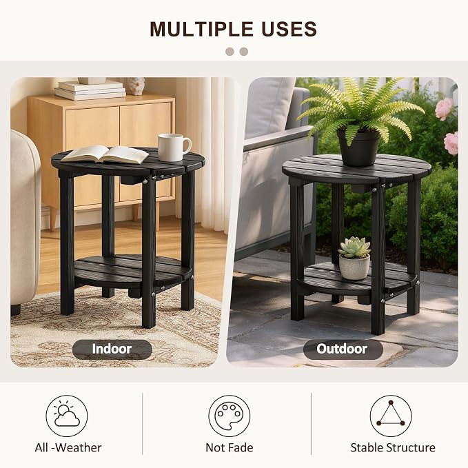 2 Tier Round Outdoor Side Table with Wood-Like Grain, HDPE Adirondack Table Patio Side Table, Weather Resistant End Table for Pool, Patio & Porch, Small Outdoor Table(Black, Round)