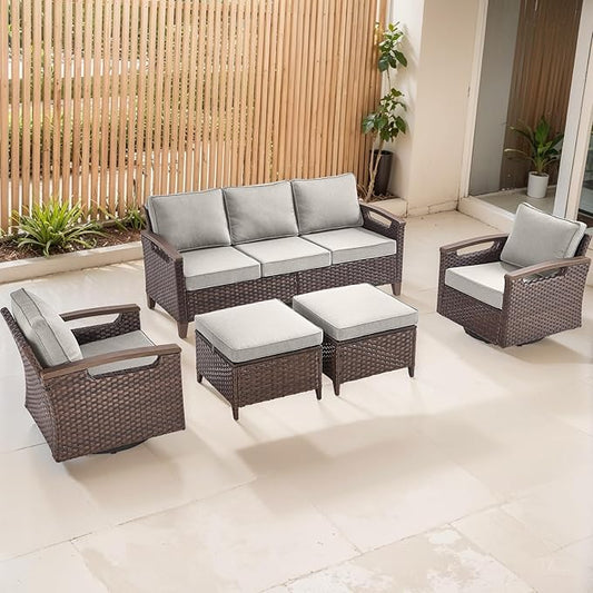 Rilyson Wicker Outdoor Patio Furniture Set - 5 Piece Patio Conversation Sets with Swivel Rocker Chairs, Ottomans and Sofa, Thick Cushions, Waterproof Wicker, for Porch Deck Brown/Beige