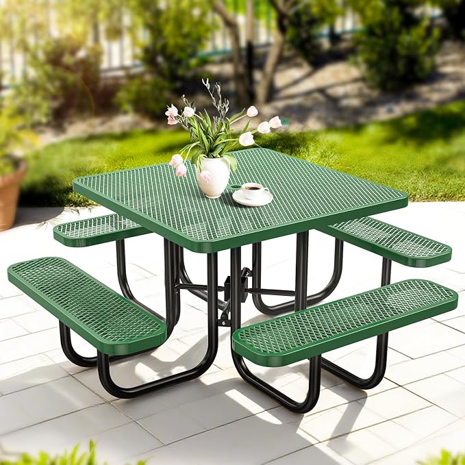 46IN Square Outdoor Picnic Table with Attached Seats, Heavy-Duty Metal Expanded Mesh Patio Table, 1600LBS Load Capacity Commercial-Grade Table for Park, Backyard, Deck, Green