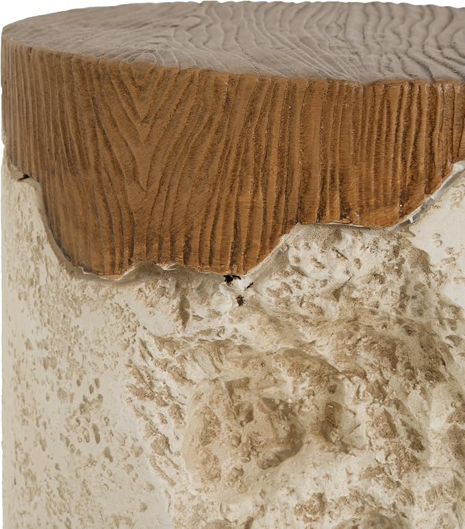 Outdoor Side Table, Modern Organic MGO Accent End Table for Patio, Living Room, Beige Tone Rustic Textured Base with Wood Grain Top