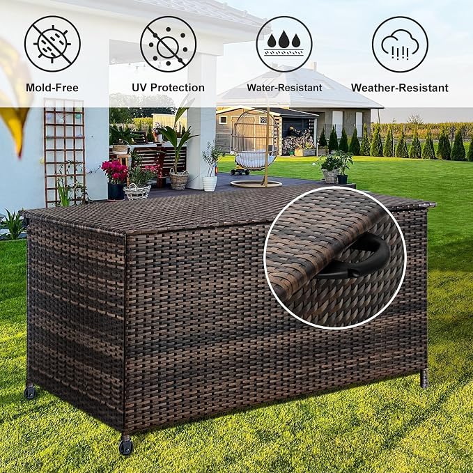 Outdoor Storage Box, 120 Gallon Waterproof Resin Wicker Deck Box for Patio Garden Furniture, Outdoor Cushion Storage, Padlock Included