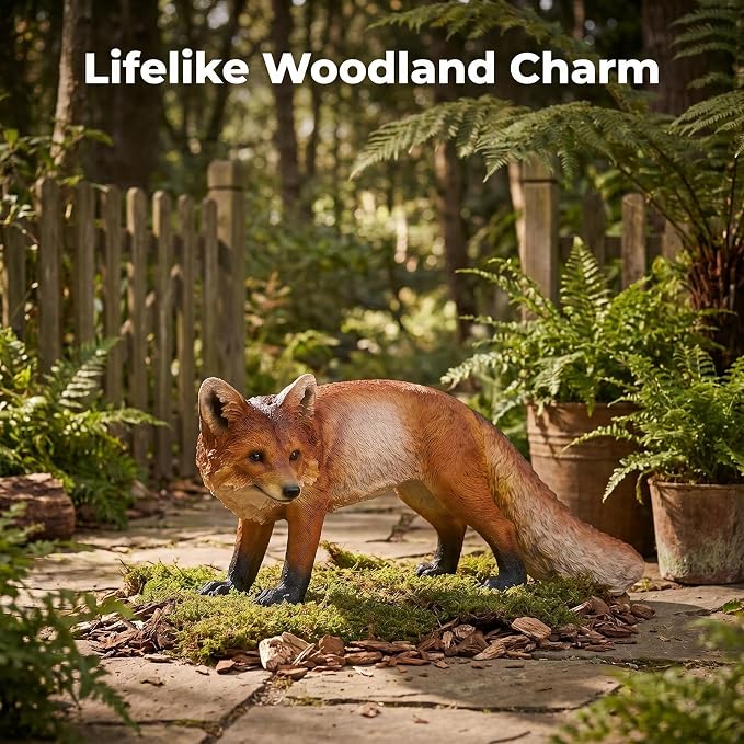 Red Fox Statue Garden Decor 19.7 Inch | Weather Resistant Resin, Lifelike Wildlife Animal Sculpture, Outdoor Yard Lawn Patio Porch, Home Decoration