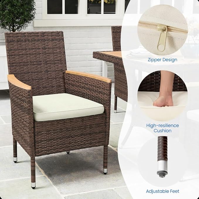 5-Piece Rattan Patio Dining Set with Acacia Wood Table 4 Armchairs and Cushions All-Weather Brown Wicker Outdoor Furniture Set for Backyard Deck Garden 35.4" Square Table