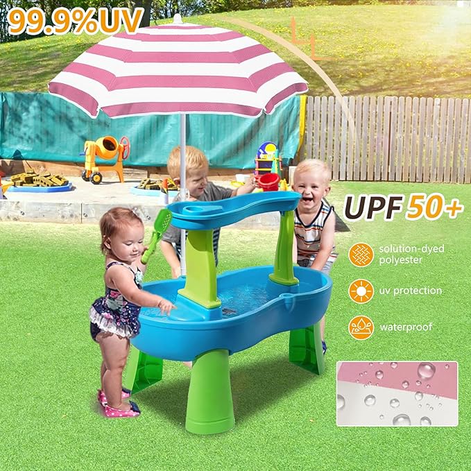Kids Water Table Umbrella and Cover, Heavy-Duty 600D Waterproof Anti-UV Dustproof Water Table Cover with Umbrella, Compatible with Step2 Rain Showers Splash Pond Water Table, Pink