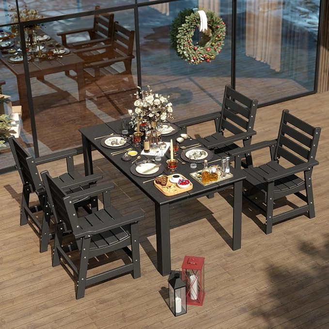 IVY&LANE Outdoor Dining Table | HDPE | 67’’ Rectangle Tables | Black | All Weather | Umbrella Hole | Patio Furniture | for Poolside Lawn Garden Backyard