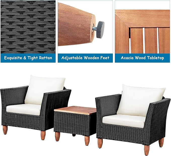 COSTWAY 3 Pieces Patio Rattan Furniture Set, Outdoor Wicker Conversation Chairs Set with Acacia Wood Coffee Table & Washable Cushion, Porch Furniture Bistro Set for Balcony, Garden, Backyard, White