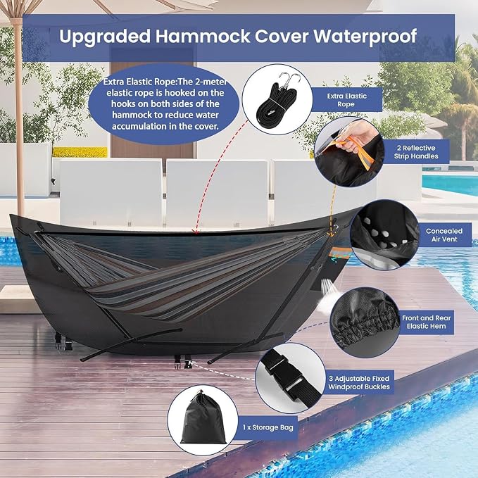 Hammocks Cover Waterproof - Breathable, Large Hammocks Cover with Buckle, Patio Hanging Chaise and Stand Cover, Universal Outdoor Hammock Cover for Garden, Patio & Beach Hammock Stand (Black#C)