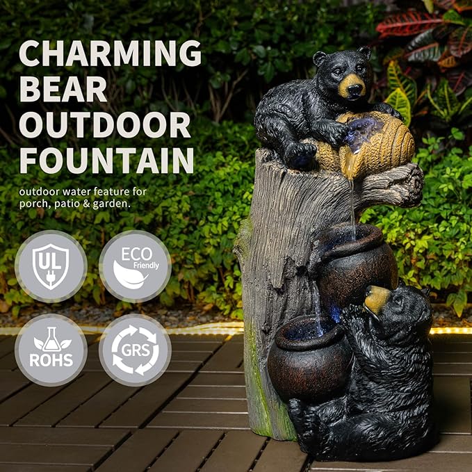23.6" Water Fountain Outdoor with LED Lights, Beer Style Waterfall Fountains with Pump, Floor-Standing Resin Water Feature for Garden Patio Backyard Deck Porch Home Decor (Brown Grey-23.6" H Beer)