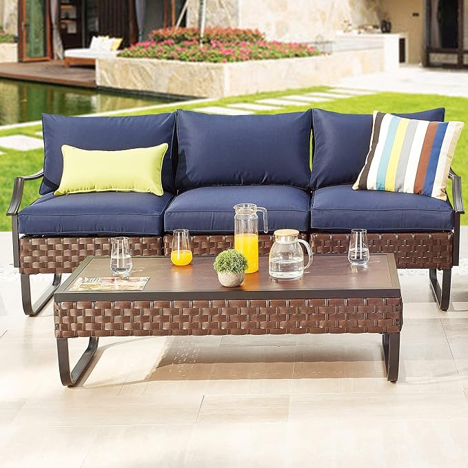 Rectangle Patio Coffee Table Outdoor Wicker Furniture with U Shape Steel Leg for Garden, Porch, Balcony, Deck (47.2" W x 23.6" D x 13.7" H)