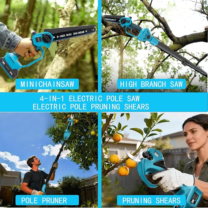 4-in-1 Cordless Pole Saw & Electric Pruning Shears, 8-inch Mini Chainsaw, Pole Pruner, Brushless Motor,
