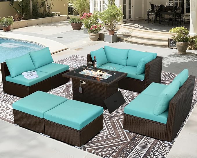 BULEXYARD 9 Piece Highback Patio Furniture Set with Fire Pit Table, Modern Modular Outdoor Sectional Couch Sofa with Ottoman, 8-Person Backyard Seating for Outside, Deck, Brown Wicker & Teal Cushion