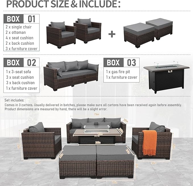 6 Pieces Outdoor Furniture 60000BTU Outdoor Propane Fire Pit Wicker Patio Furniture Set 45" Steel Fire Table Anti-Slip Cushions Waterproof Covers, Dark Grey