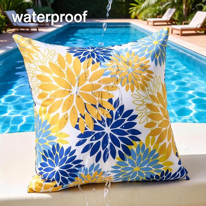 Set of 2 Yellow and Blue Dahlia Throw Pillow Covers 12x20 Inch Outdoor Pillows Waterproof Cushion Covers Decorative Spring Summer Pillowcases for Sofa Bedroom Patio Garden Farmhouse Decor