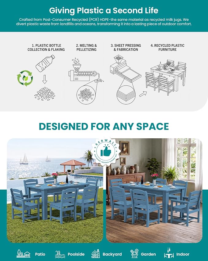 SERWALL 59" HDPE Outdoor Dining Set for 6, w/ 1 Table & 6 Chairs, Blue | Armless Patio Dining Sets for All Weather Use