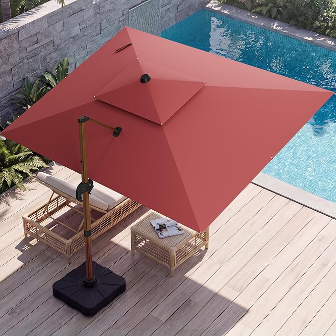 10x13 FT Wood Pattern Patio Umbrella with Base, Large Deluxe Cantilever Rectangular Double Top Heavy Duty Offset Umbrellas with 360° Rotation, Outdoor shade for Garden Pool Patio, Red