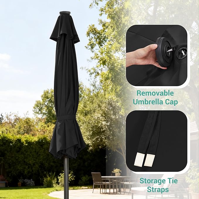 9ft Patio Umbrella Outdoor with Solar Lights,32 LED Lighted Table Market Umbrella with Tilt and Crank, 2-Year-Non-Fading, 8 Sturdy Ribs,for Pool, Deck, Garden,Backyard