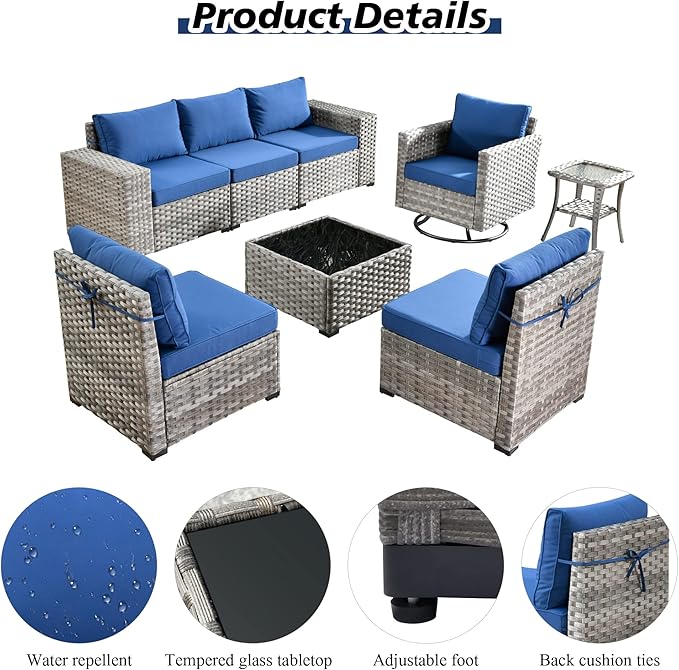 HOOOWOOO Outdoor Patio Sectional Furniture Sofa Set with Swivel Rocking Chair,8 Piece Modern Wicker Couch with Widened Armrest,Modular Conversation Seating Set for Garden(Navy Blue)