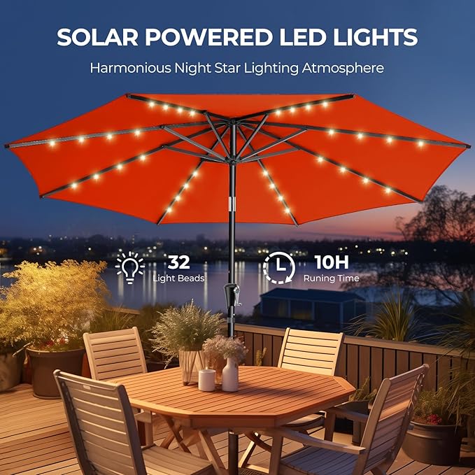 HOMSHADE 9ft Solar Patio Umbrella - Solar Lights LED Lighted Outdoor Market Table Umbrella, UPF50+ UV Protection with Push Button Tilt, Crank for Pool Deck and Garden (Neon Orange)