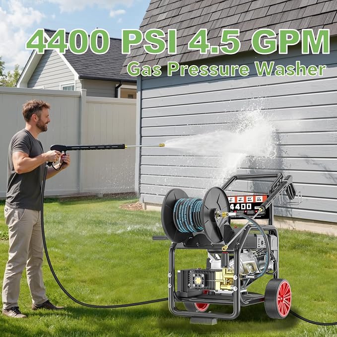 4400PSI Gas Pressure Washer with Hose Reel, 4.5 GPM, Key One-Button Start 420CC 15HP Commercial Pressure Washer with 50FT 3/8" Hose, Spray Gun & Wand, 5 Quick Connect Nozzles
