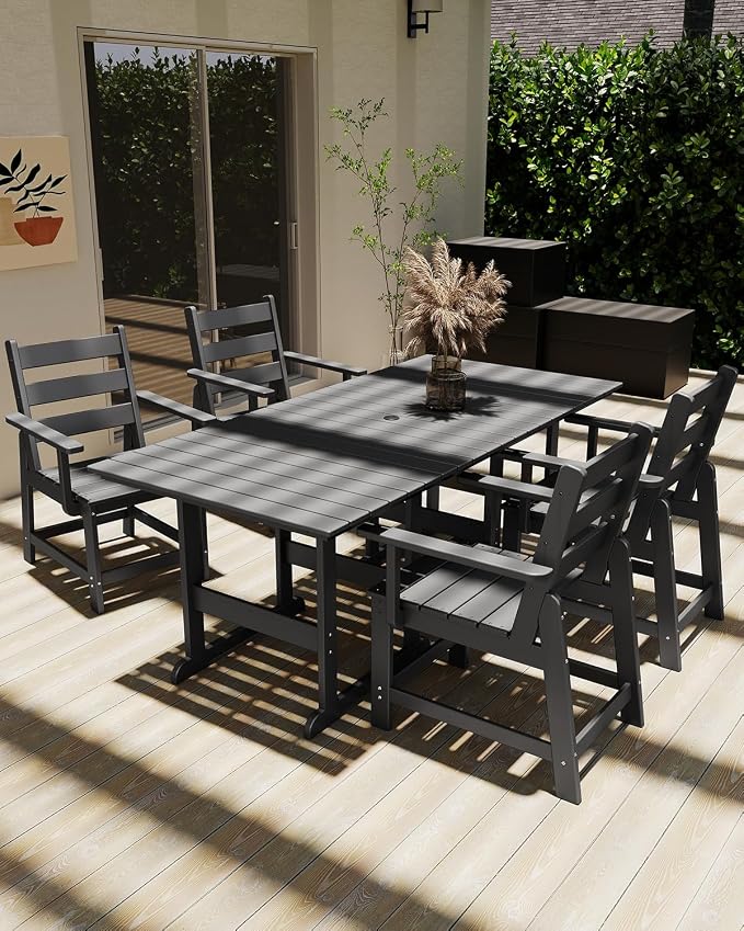 GREENVINES 5-Piece-Outdoor-Table-and-Chairs | HDPE | Patio Furniture | Slatted Dining Sets for 4 | Removable Armrests | Connectable Tables | All Weather | for Backyard Poolside Garden | Grey