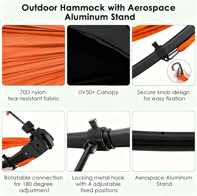 Portable Hammock with Quick Setup Folding Stand & Adjustable Sunshade Canopy & Storage Bag, Adult/Child Hammock Chair, for Camping Home Garden Hotel Outside Beach Forest (Black+Orange)