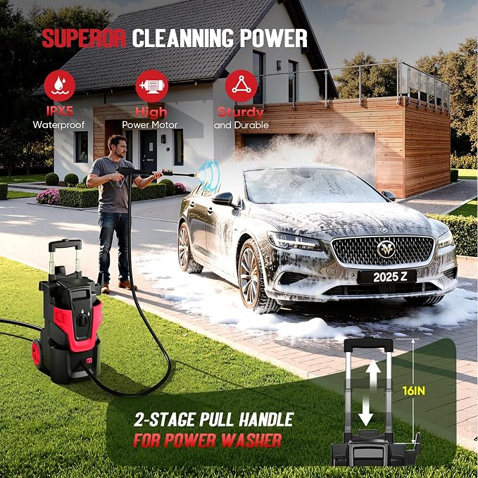 5000PSI Heavy Duty Pressure Washer, 3-Speed Adjustable Power Washer with 2-Stage Pull Rod, 4 Nozzles, Foam Cannon & 500ml Soap Bottle for Car, Home & Outdoor Cleaning,Red