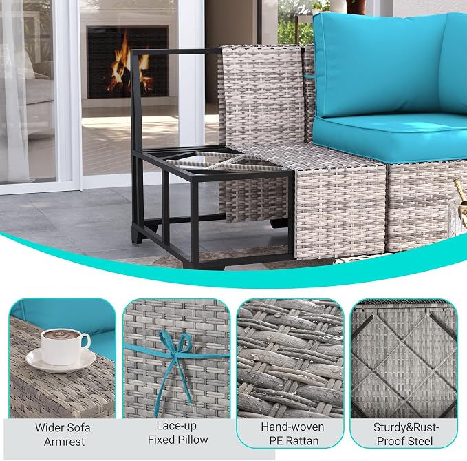 13-Piece Outdoor Patio Furniture Set with 55,000 BTU Fire Pit Table, PE Wicker Rattan Sectional Sofa Patio Conversation Set with Thickened Cushions & Coffee Table, Turquoise