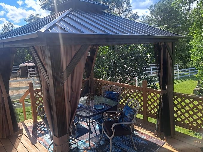 Domi 10' x 10' Hardtop Gazebo Permanent Metal Gazebo with Galvanized Steel Double Roof, Curtains and Netting for Party, Wedding, Outdoor Dining, Patio, Backyard, Brown