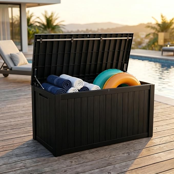 178 Gallon Resin Deck Box with Gas Lift Support – Outdoor Storage for Patio Furniture, Garden Tools & BBQ Accessories – Weatherproof Wood Grain Design with 660 Lbs Bench Seat (Lockable Lid)