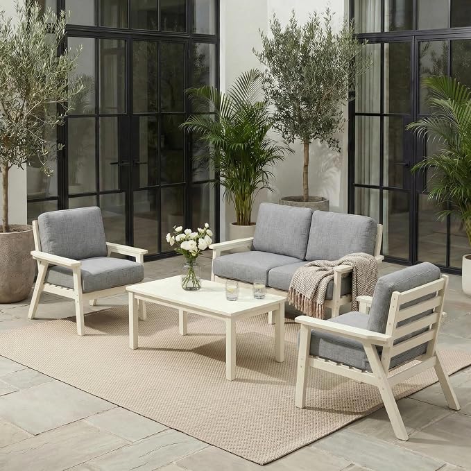 HDPE 5 Piece Patio Furniture Set, Outdoor Couch with Washable Thick Gray Cushions & Coffee Table, Outdoor Sectional Furniture for Backyard, Deck, Lawn, Porch (White Frame)