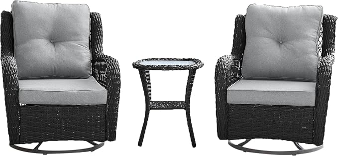 Manhattan Comfort Fruttuo 3-Piece Patio Conversation Set, Swivel Steel Rattan Chairs with Removable Cushions & Tempered Glass End Table, Weather-Resistant Outdoor Furniture for Backyard & Porch, Grey