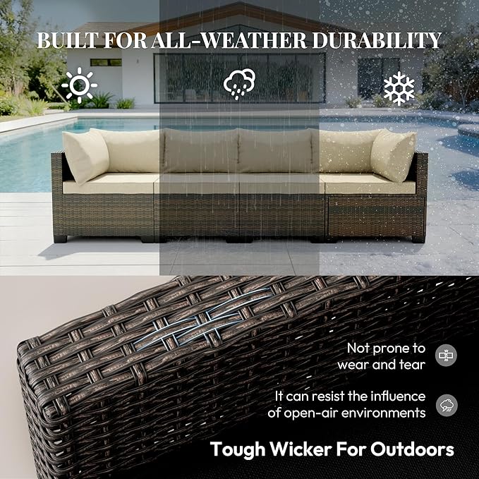 7 Piece Patio Furniture Set, All-Weather Water-Resistant Wicker Rattan Sectional Sofa, Modular Outdoor Conversation Set for Backyard, Garden, Poolside, Balcony