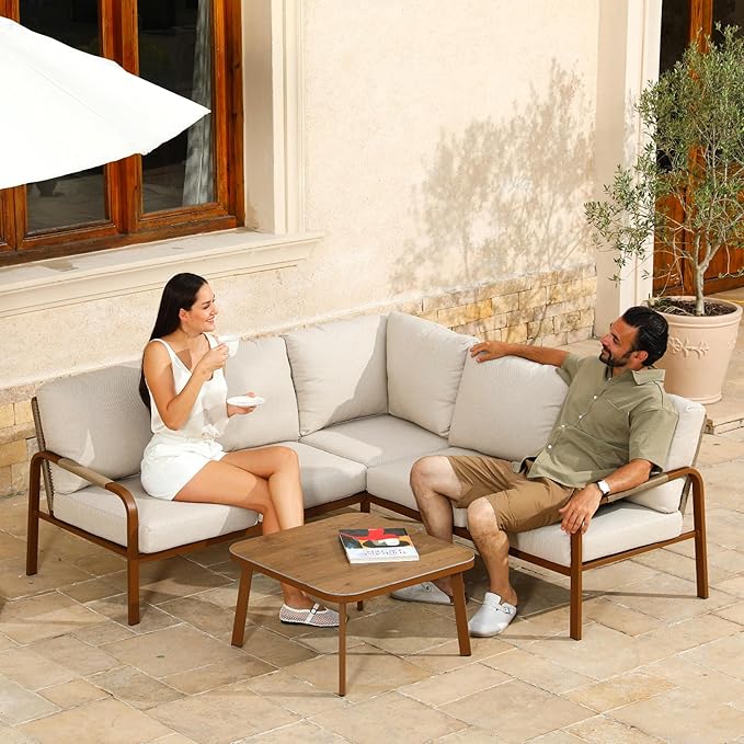 Aluminum Patio Furniture Set with Coffee Table, 4 Pieces Outdoor Couch Sectional, L Shaped Patio Sofa, Outdoor Seating Conversation Set,Beige