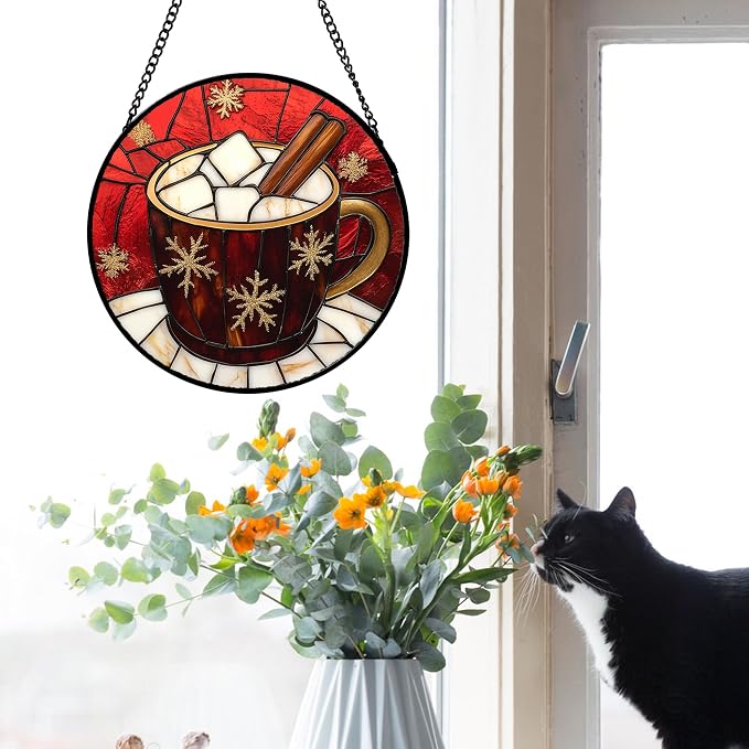 DASTOLL Stained Glass Window Hanging 4 Pcs Set Red Christmas Themed Decorations 6.3" - Suncatcher Door Garden Sun Catcher Decor Birthday New Year for Mom Woman Nana Men