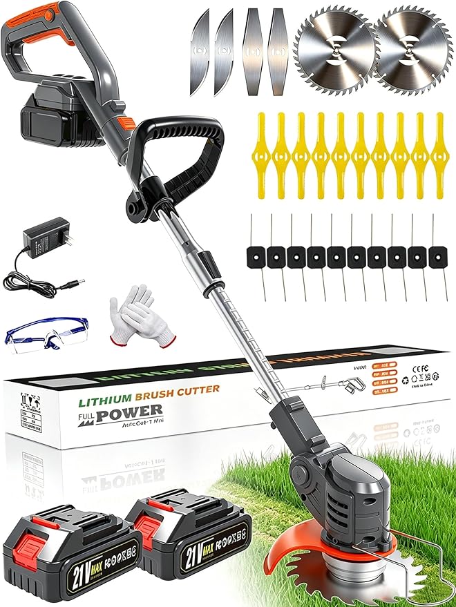Electric Weed Wacker, 21V Cordless Weed Eater Battery Powered with 2X 2.0Ah Batteries, Charger and Metal Blade, 3 in 1 Lightweight Electric Weed Grass Trimmer Brush Cutter Edger for Lawn Yard Garden