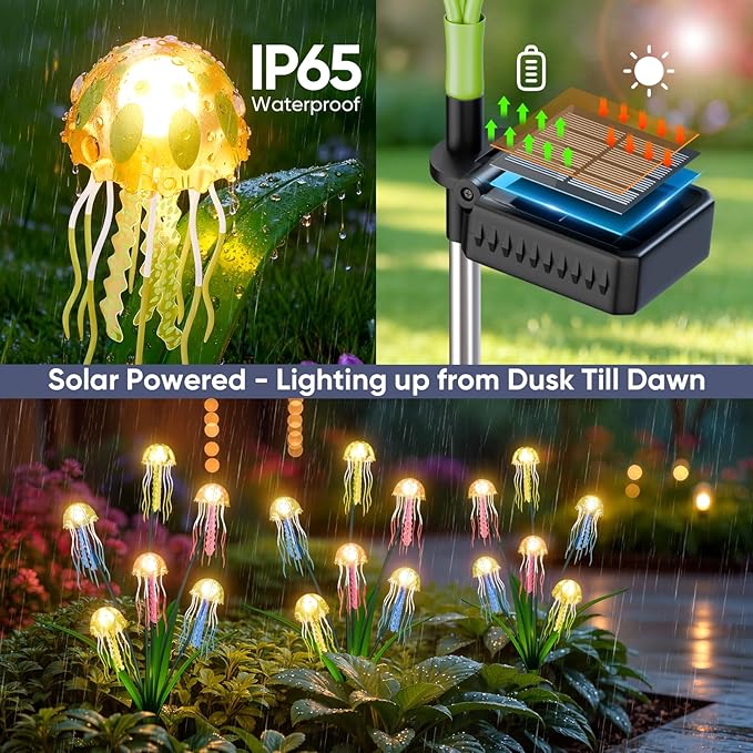 Outdoor Solar Garden Lights: 2 Pack 12 LEDs Waterproof Solar Powered Jellyfish Lights for Outside Yard Pathway Lawn Warm White Decorations - Unique Gardening Gifts for Women Mom Grandma
