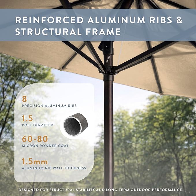 California Umbrella 10-Year Protection 9 Ft Outdoor Patio Umbrella, Pacifica Fade-Resistant Fabric, Auto-Tilt, Heavy Duty Aluminum Frame, 8 Reinforced Ribs for Pool or Deck, Bronze Pole, Beige