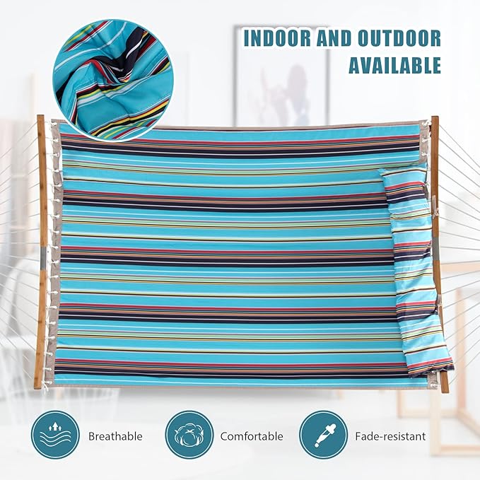 Giantex Hammock with Detachable Pillow Outdoor Hanging Chair, Patio Hammock w/Curved Bamboo Spreader Bar, Steel Chain, Hammocks Swing for Backyard, Beach, Garden (Blue)