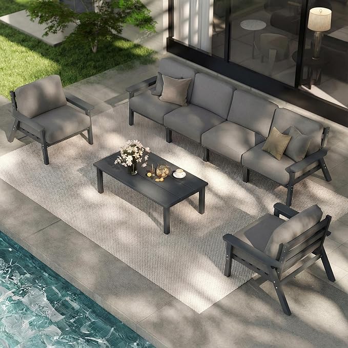 Patio Furniture Set 7 Seats, HDPE Outdoor Sectional with Gray Washable Thick Cushions, Coffee Table, Patio Conversation Sets for Lawn, Garden, Porch, Balcony, Deck (Grey Frame)