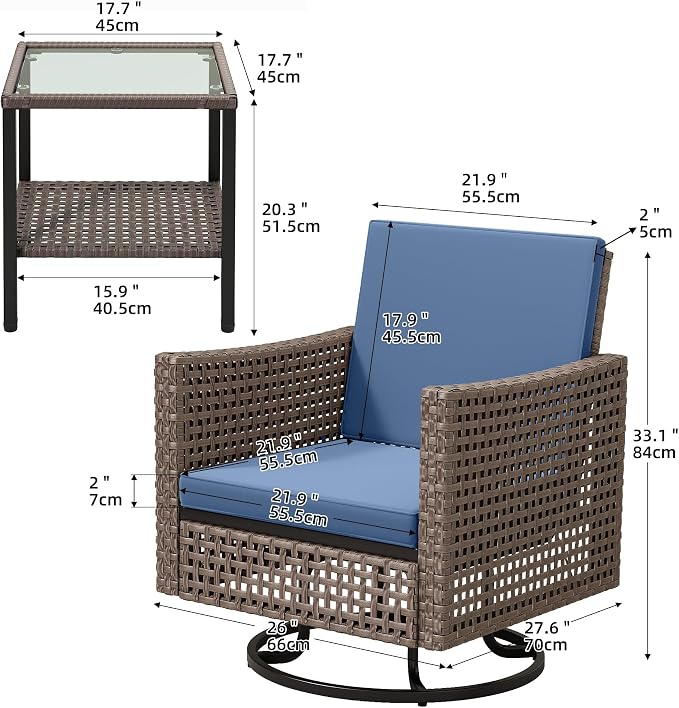 YITAHOME 3 Pieces Swivel Patio Set w/2.8" Thickened Cushions, All Weather Wicker Patio Furniture Set w/Patio Rocking Chairs & Rattan Side Table for Backyard Deck Poolside, Blue