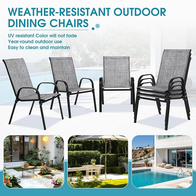 24.4" Wide Outdoor Stackable Chairs Set of 6, Stacking Patio Chairs with Textilene Fabric, Outside Furniture for Garden Backyard Balconie Poolside Deck, Grey