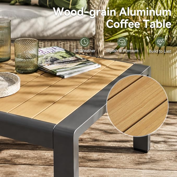 Aoxun Aluminum Patio Coffee Table, All-Weather Outdoor Metal Coffee Table with Stylish Tabletop for Balcony, Garden, Dark Grey
