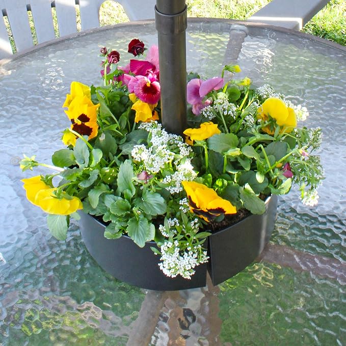 AuldHome Design Umbrella Planter for Patio Table w/Umbrella Hole (Black), Enamelware Half-Circle Planter Pots