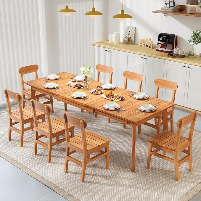 Tangkula 71"-94" Teak Wood Extendable Patio Dining Table for 6-8 People, Large Expandable Outdoor Slatted Table, Rectangular Outdoor Dinner Table for Garden, Lawn, Yard and Poolside