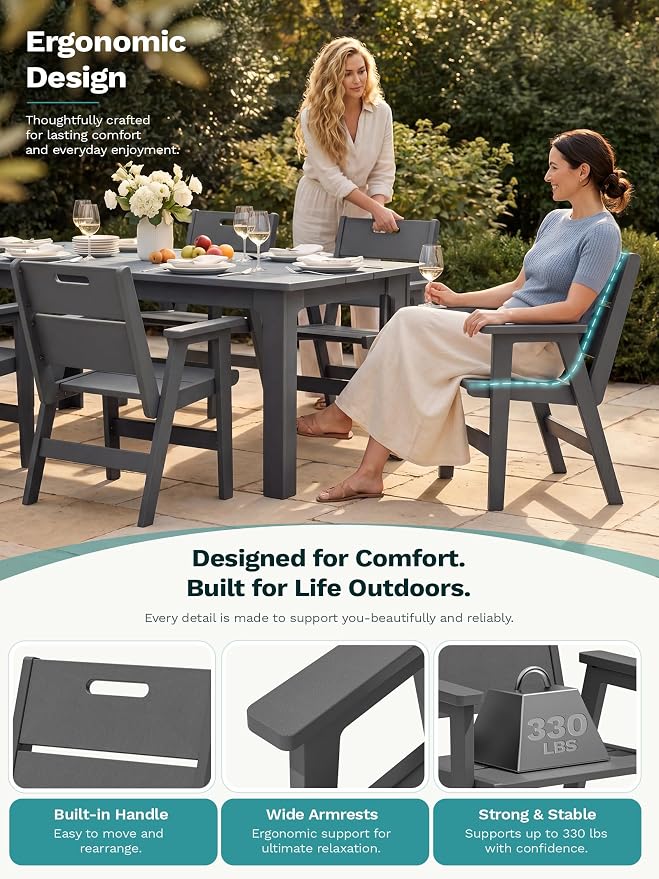 SERWALL 10-Piece Outdoor Dining Set, All-Weather HDPE Patio Furniture with 76" Rectangular Dining Table, 8 Arm Chairs & 1 15FT Umbrella (Base Not Included), Heavy Duty Patio Dining Sets, Gray