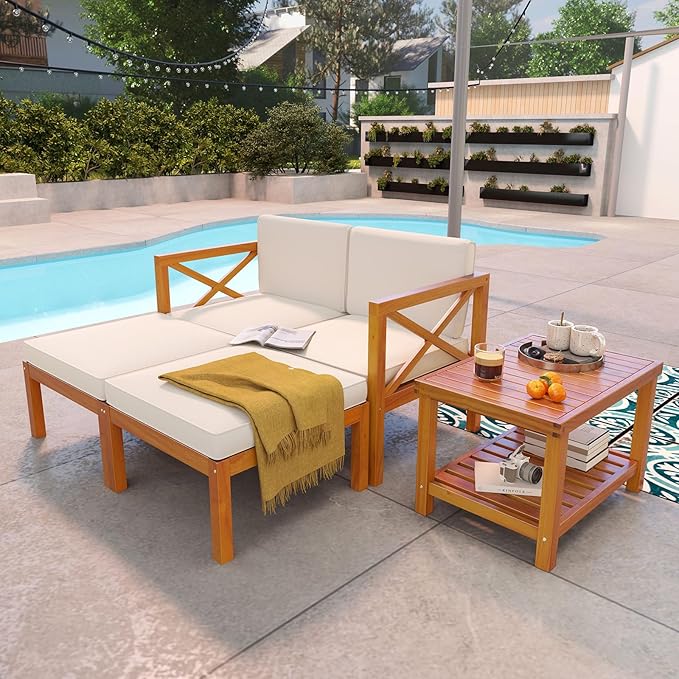 Tangkula 5 Pieces Acacia Wood Patio Chaise Lounge Chair Set with Ottomans and Cushions, Outdoor Patio Chairs Set with 2-Tier Coffee Table, Outdoor Conversation Set for Garden, Backyard and Poolside